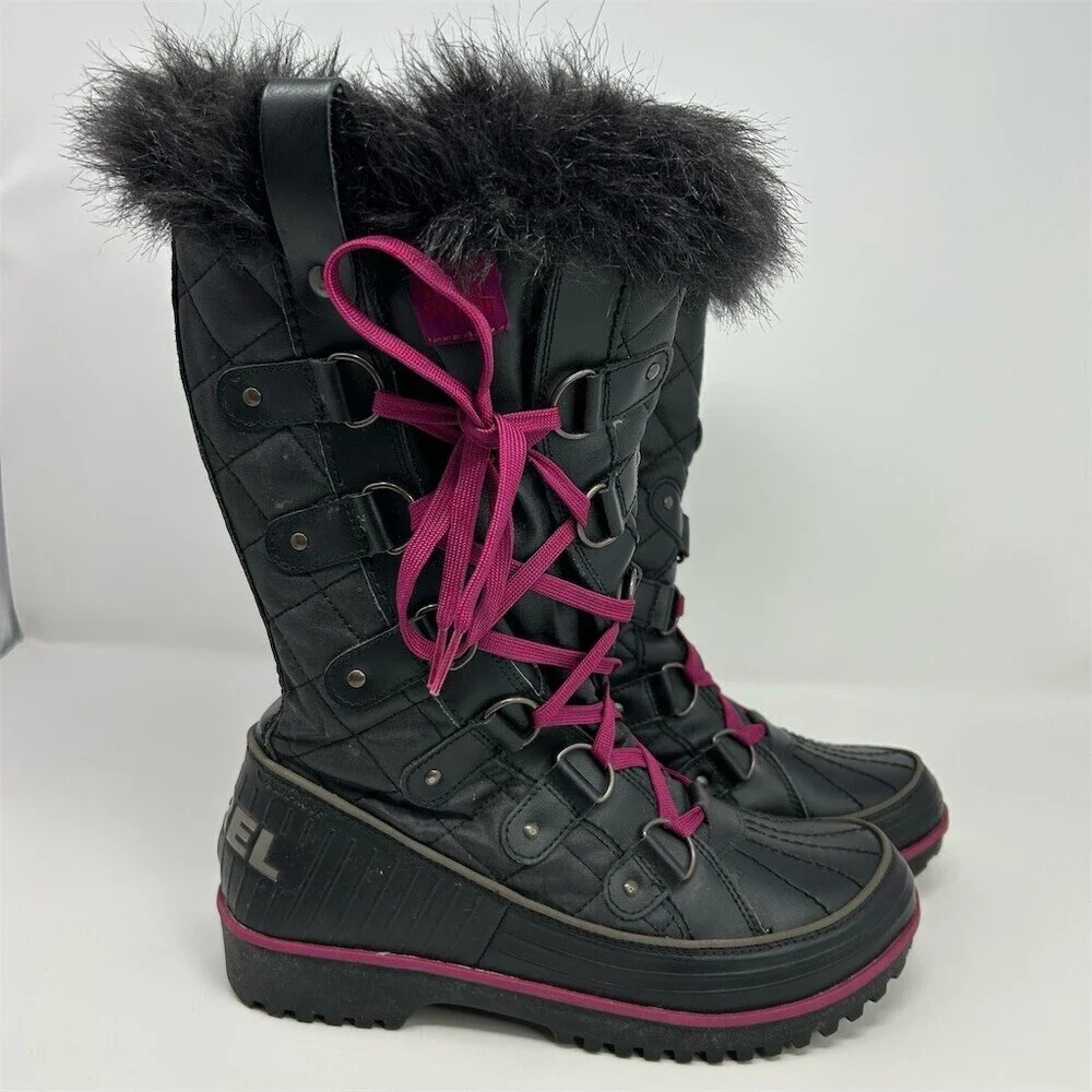 Sorel Tivoli Twist Snow Boots Womens Black Quilted Faux Fur Pink Laces Size 9